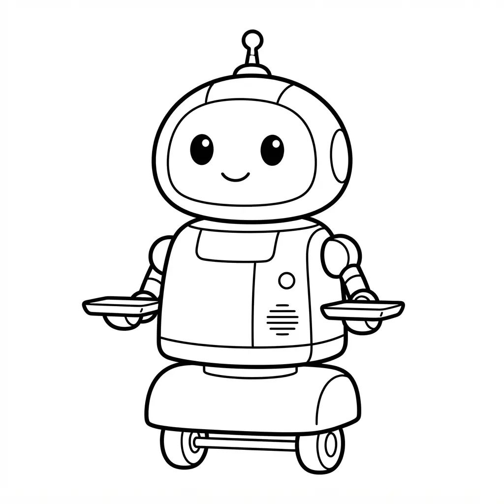 Robot coloring pages showing a small service droid with a rounded head, tiny wheels, friendly eyes, and thick outlines.
