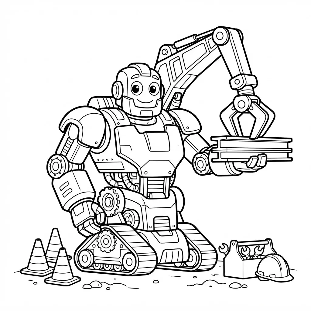 Gigantic industrial construction robot holding a lifting arm beside stacked beams, cones, and a wide worksite.