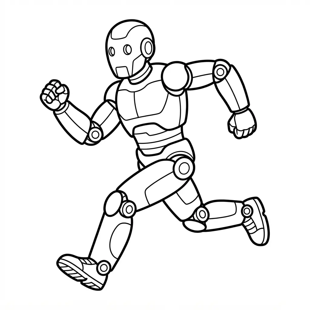 Robot coloring pages showing an athletic humanoid android in a running pose with joint plates and bold contour lines.