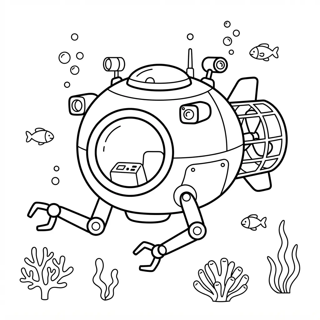 Undersea research submersible robot moving beside coral, bubbles, sea plants, and small fish in a clear scene.