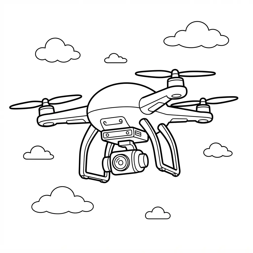 Robot coloring pages showing a floating aerial surveillance drone with propellers, cameras, clouds, and thick outlines.
