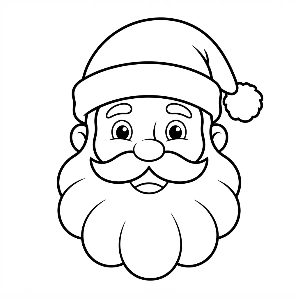 Santa coloring pages showing a friendly Santa face portrait with a round beard, hat, and bold black outlines.