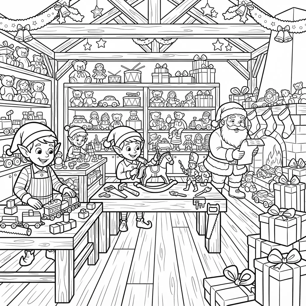 Santa stands inside a workshop with elves, toy tables, shelves, and wrapped gifts in detailed black line art.