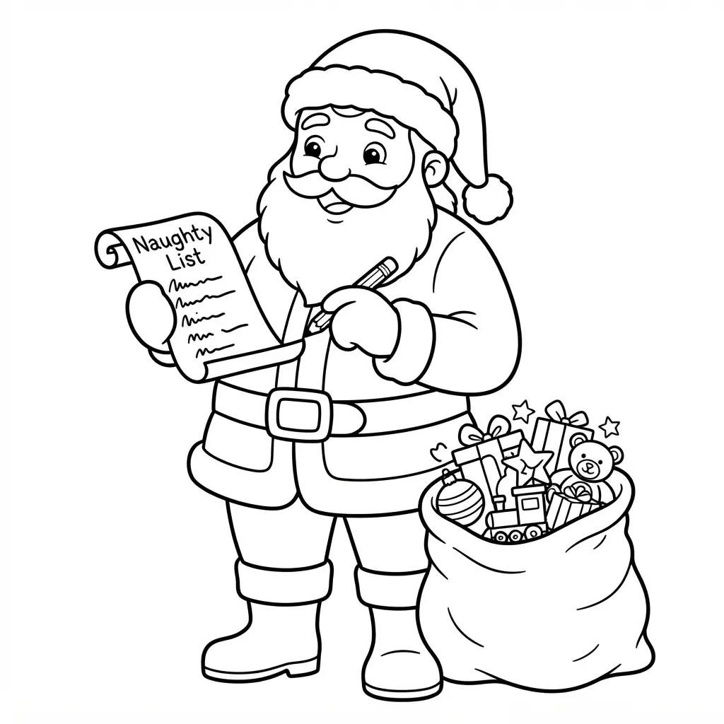 Santa holds a long list and pencil beside a desk, with a sack of gifts and clear holiday line work.