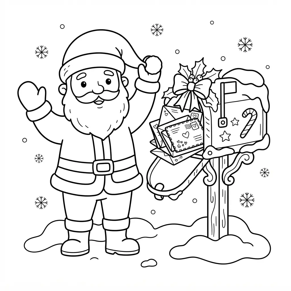 Santa stands beside a snowy mailbox with envelopes, stamps, a hat, and simple winter details in black outlines.