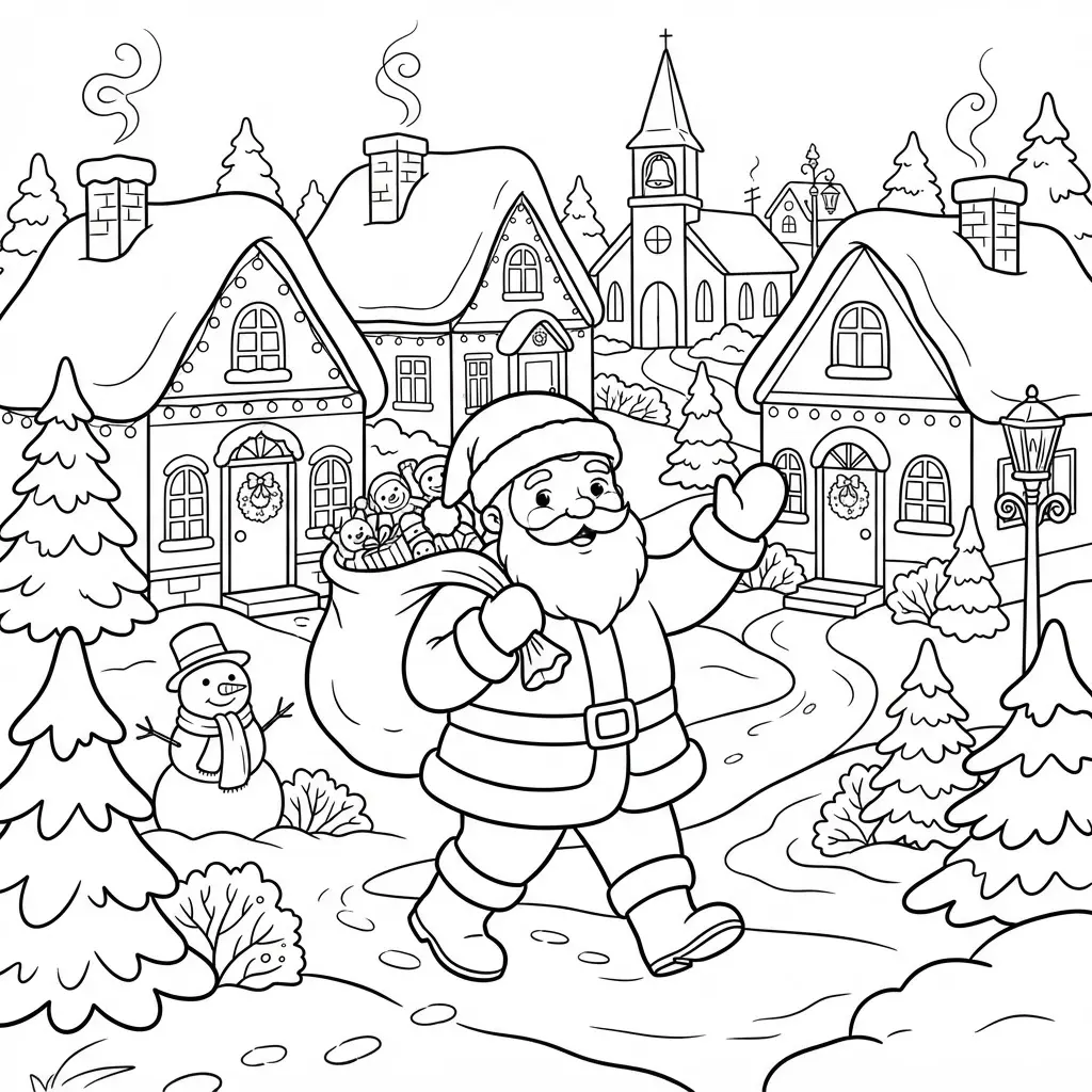 Santa walks past cozy village houses with snowy roofs, pine trees, lanterns, and a clear printable outline style.