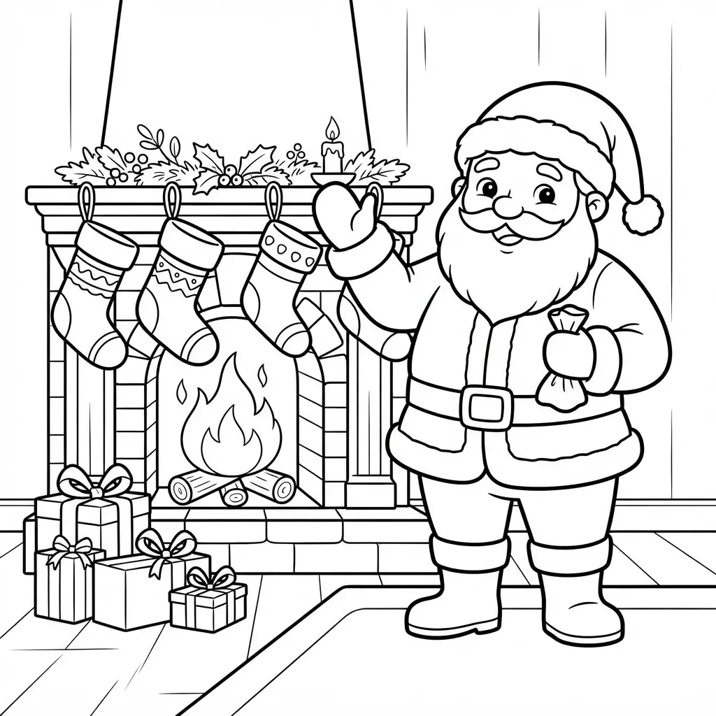 Santa stands near a fireplace with hanging stockings, wrapped presents, a mantel, and clean holiday line art.