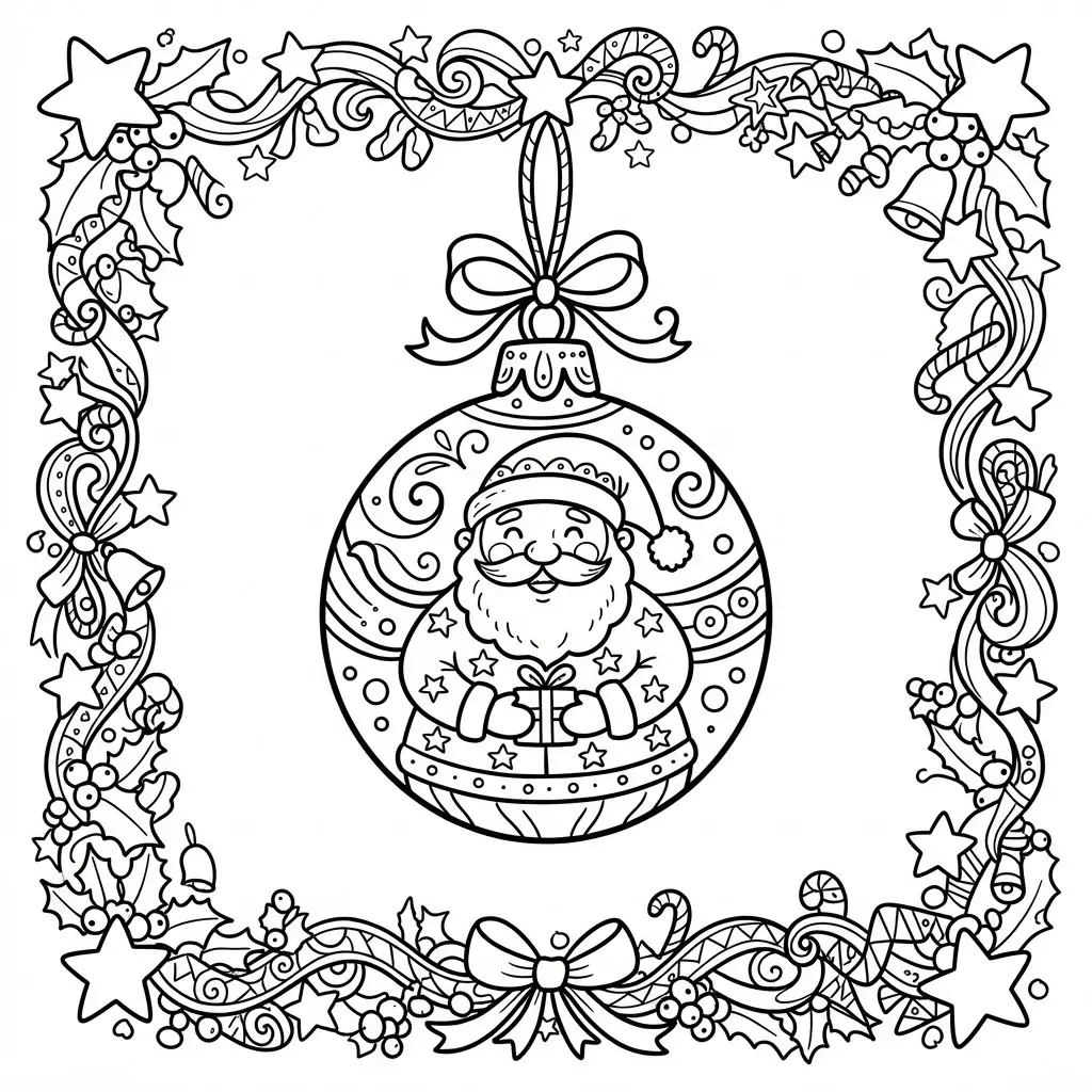 A round Santa ornament appears inside a decorative border with stars, holly leaves, ribbons, and black outlines.