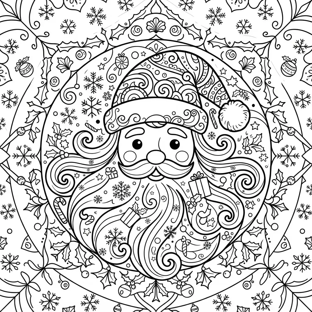 A centered Santa face appears within a mandala of beard curls, snowflakes, stars, and repeating black patterns.