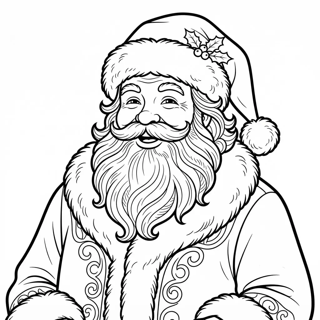 A vintage Victorian Santa portrait shows a full beard, fur-trimmed coat, hat, and fine black line details.