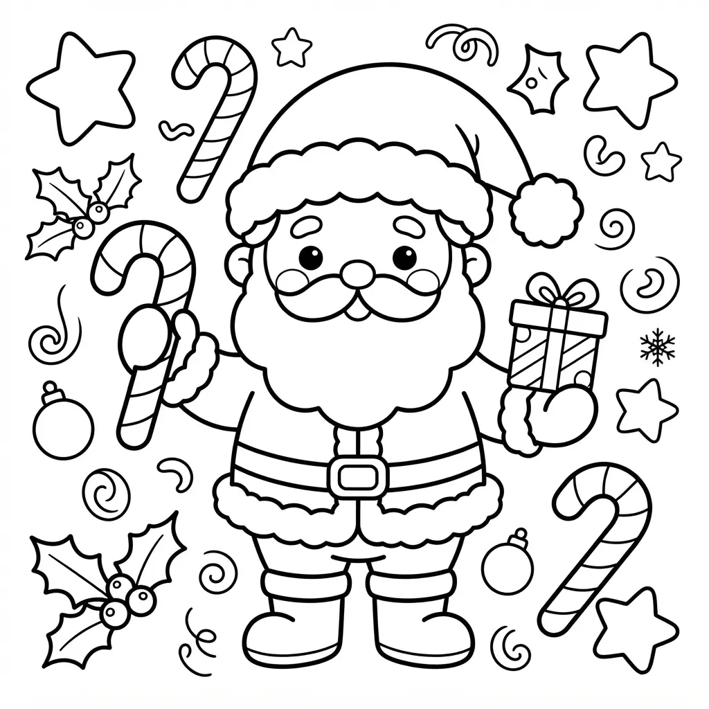 A kawaii Santa character smiles beside gift boxes, candy canes, stars, and rounded holiday shapes in black line art.