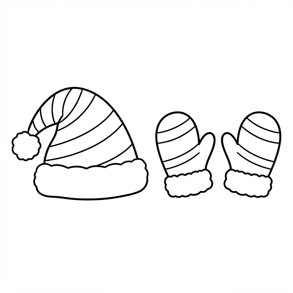 Santa coloring pages featuring a striped Santa hat beside warm mittens with large open spaces and clear outlines.