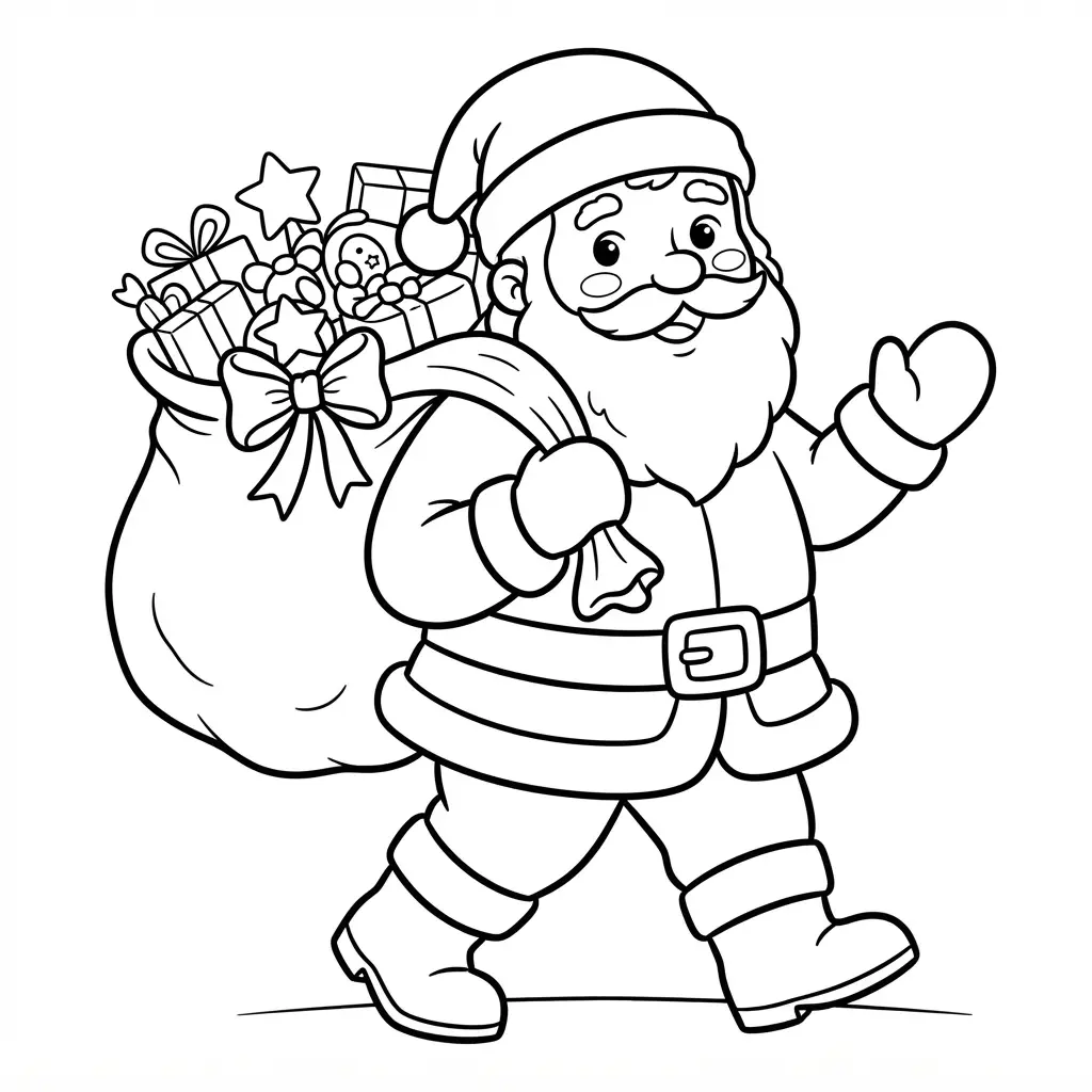 Santa coloring pages showing Santa beside a large gift sack, wrapped presents, and simple storybook black line art.