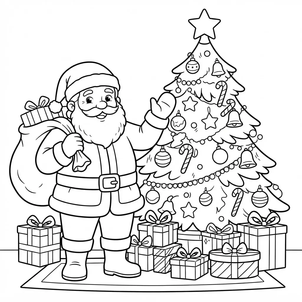Santa coloring pages depicting Santa beside a Christmas tree with ornaments, presents, and broad printable coloring spaces.