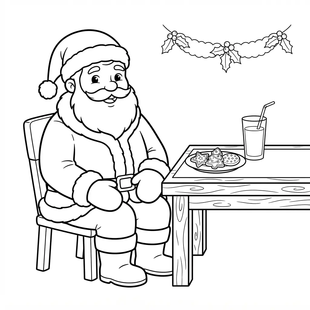 Santa coloring pages showing Santa near a plate of cookies and milk with a simple table setting and clean outlines.