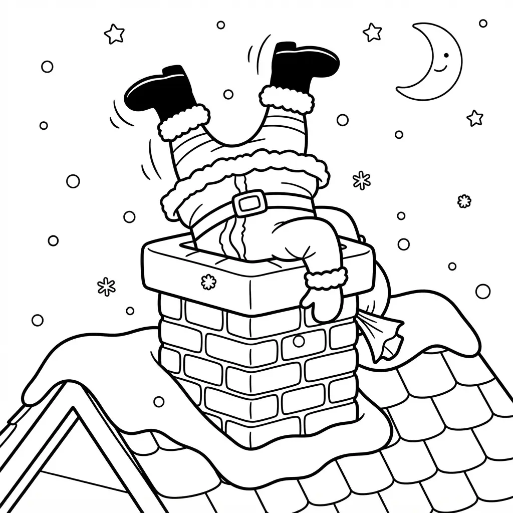 Santa coloring pages featuring Santa’s boots above a brick chimney, with snow, roof tiles, and bold printable outlines.