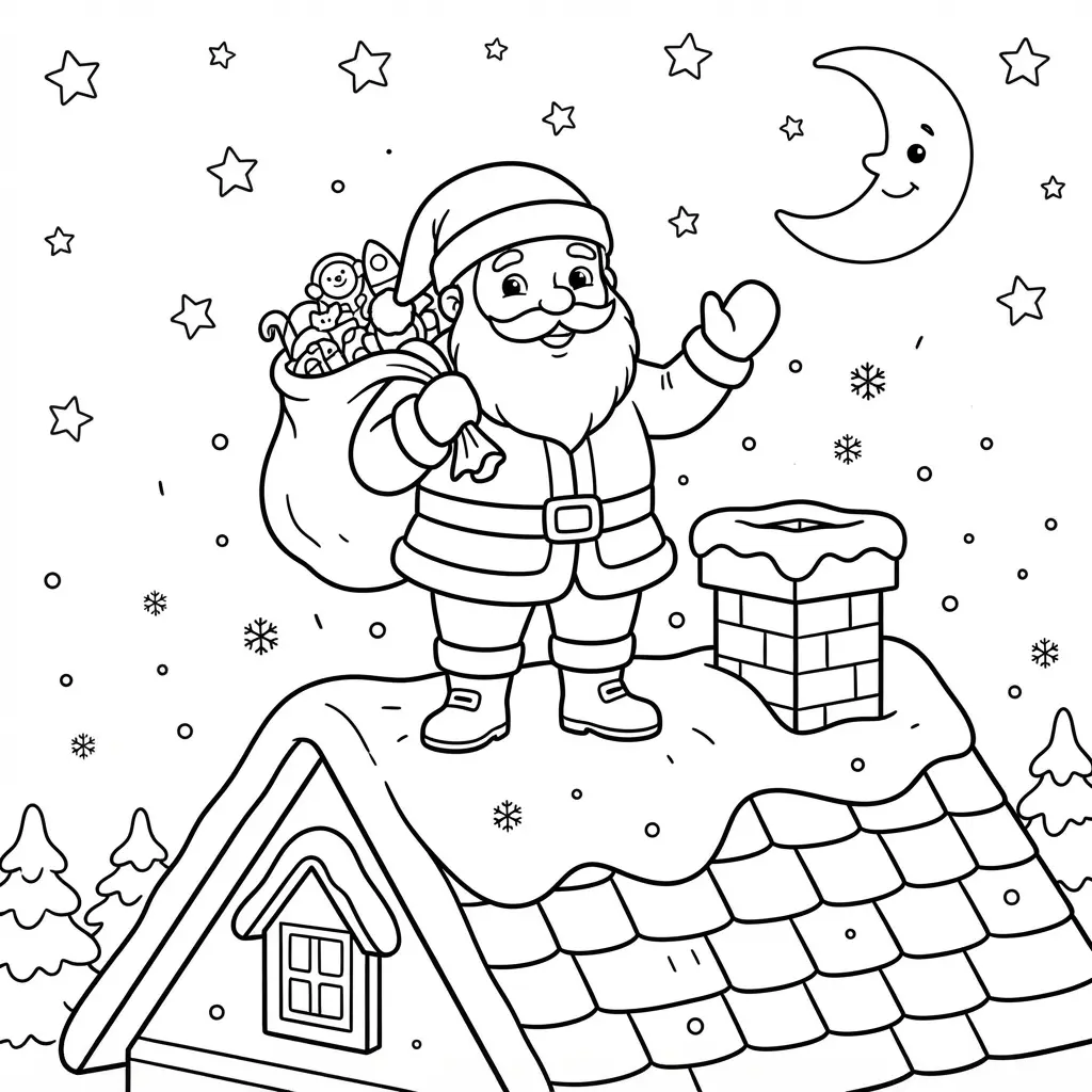 Santa coloring pages showing Santa on a rooftop beside snow-covered tiles, a chimney, stars, and a winter moon.