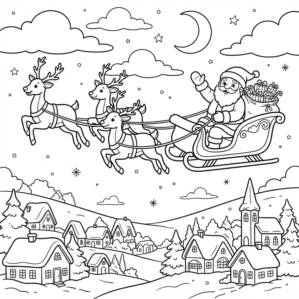Santa coloring pages depicting Santa in a flying sleigh above rooftops with clouds, snow, and open coloring areas.