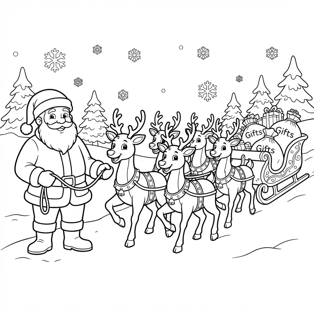 Santa coloring pages showing Santa with a reindeer team, harnesses, snowflakes, and clear black outlines for coloring.