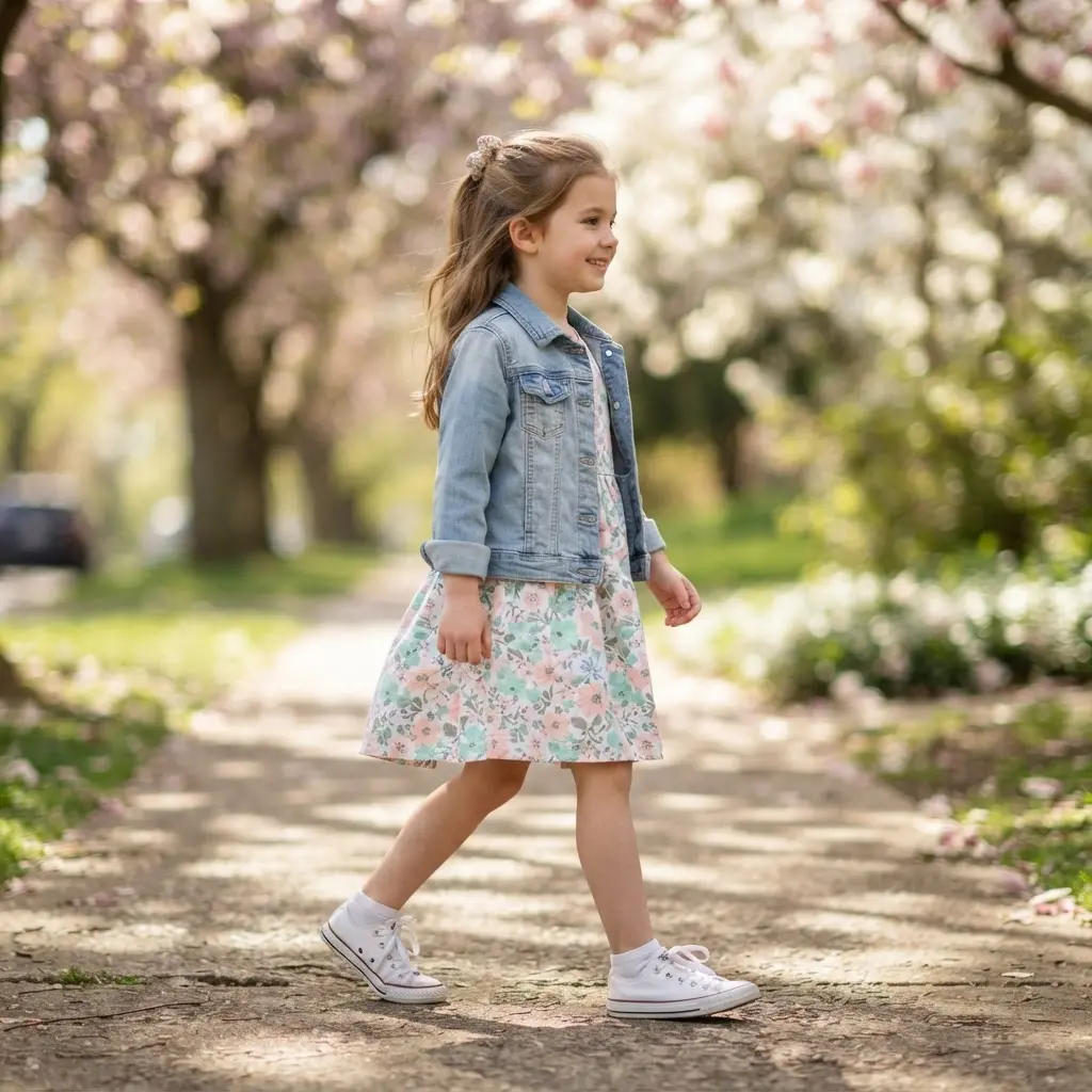 Pastel floral sundress with white sneakers and denim jacket, styled as spring outfits for girls.