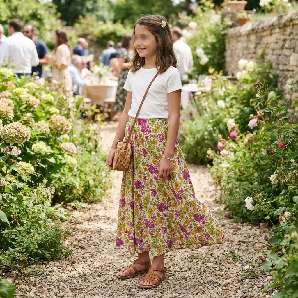 Flowy floral maxi skirt with a fitted white tee, sandals, and a small straw bag.