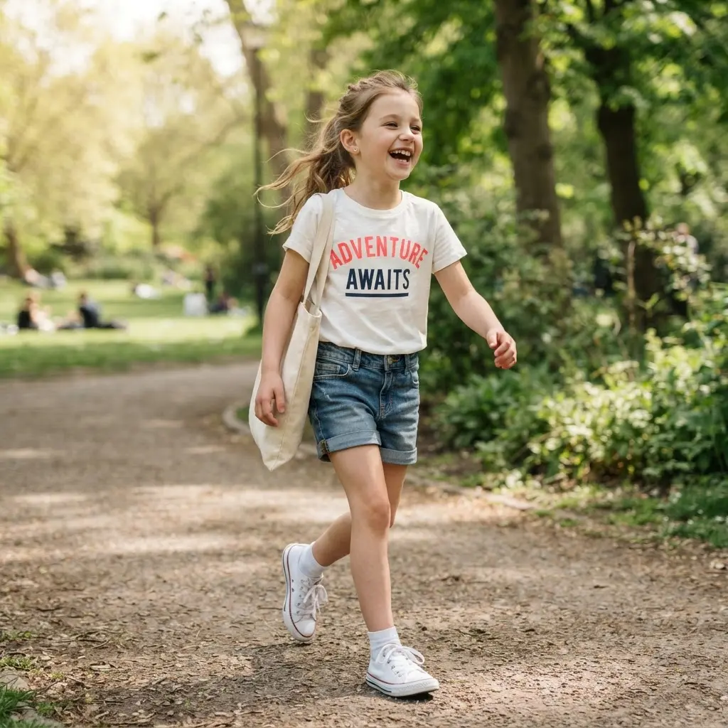 Graphic tee, rolled denim shorts, white sneakers, and a canvas tote on a sunny day.