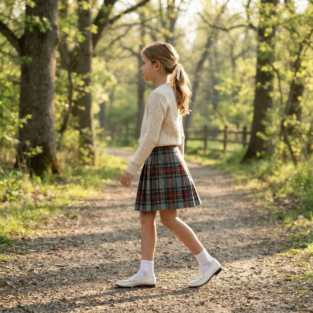 Lightweight sweater tucked into a pleated skirt with ankle socks and white loafers, styled as spring outfits for girls.