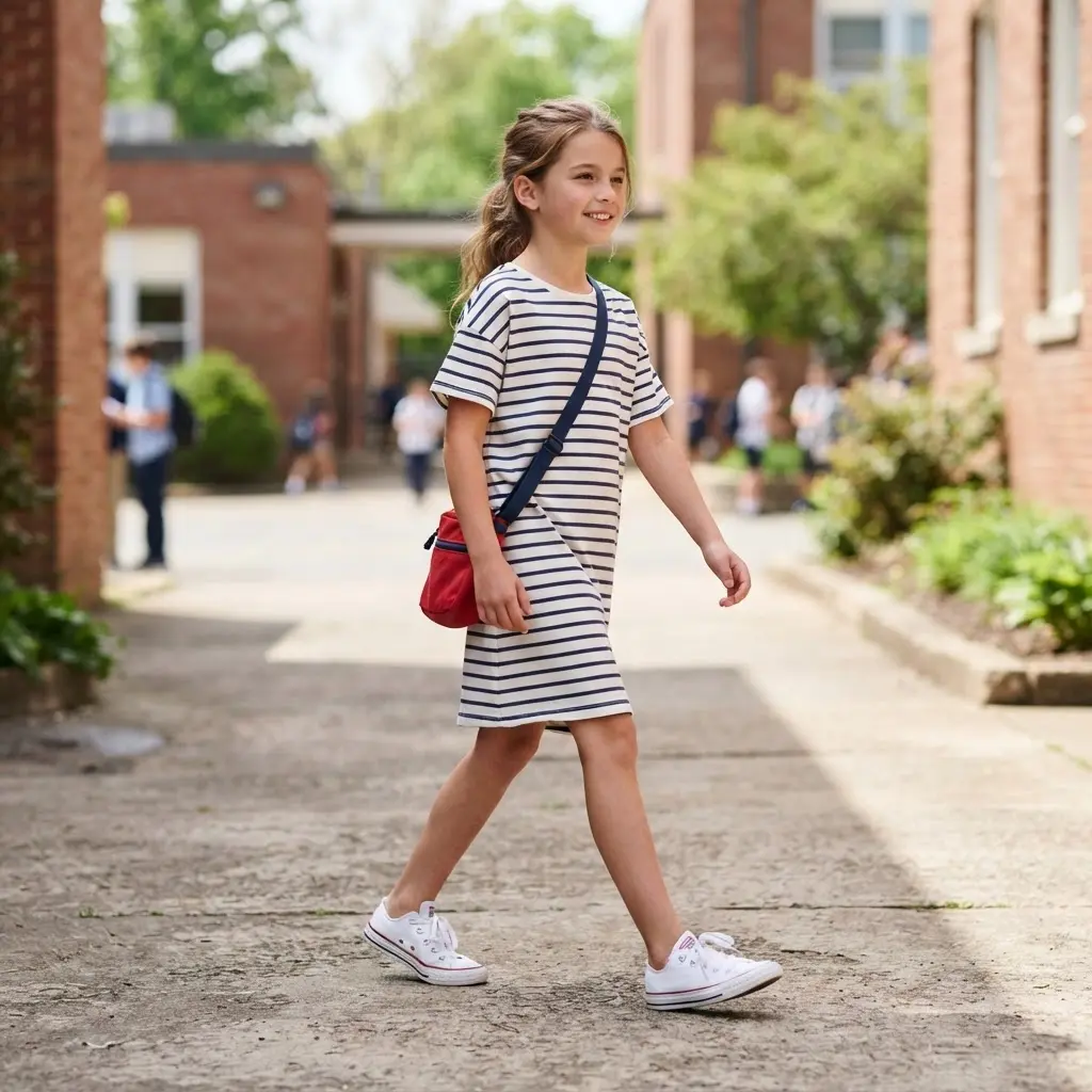 Striped T-shirt dress paired with white sneakers and a small crossbody bag for a school-ready outfit.