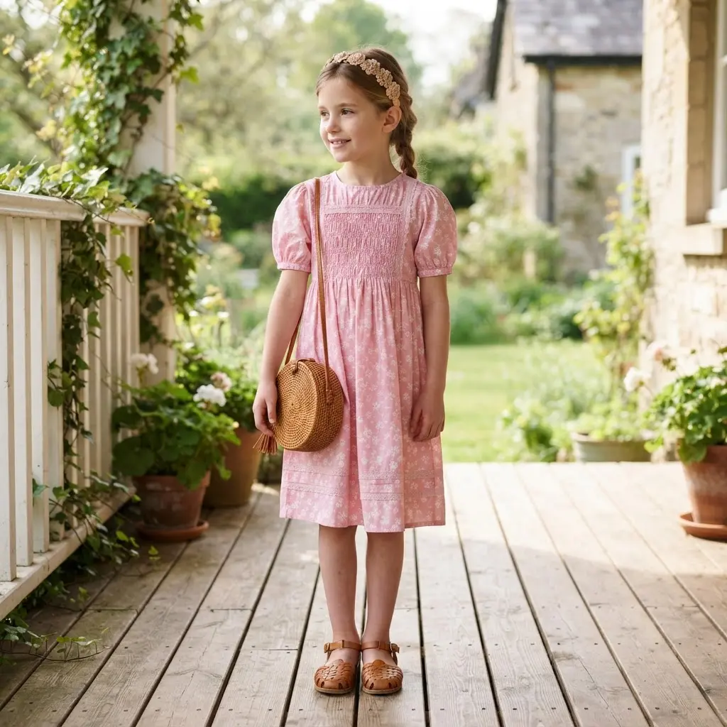 Smocked pink dress with tan sandals, a woven headband, and a small shoulder bag, styled as spring outfits for girls.