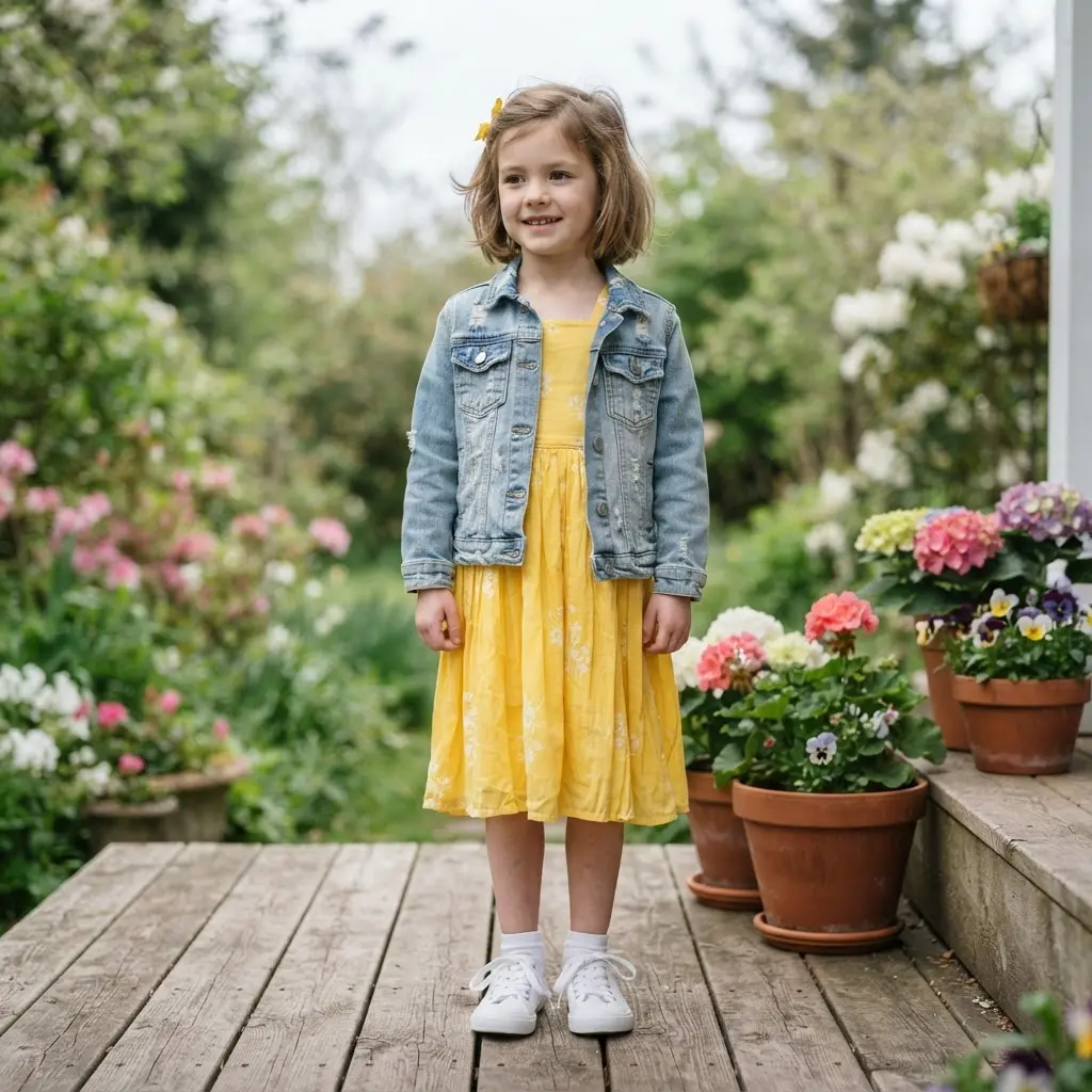 Blue denim jacket over a yellow sundress with white sneakers on a bright porch.