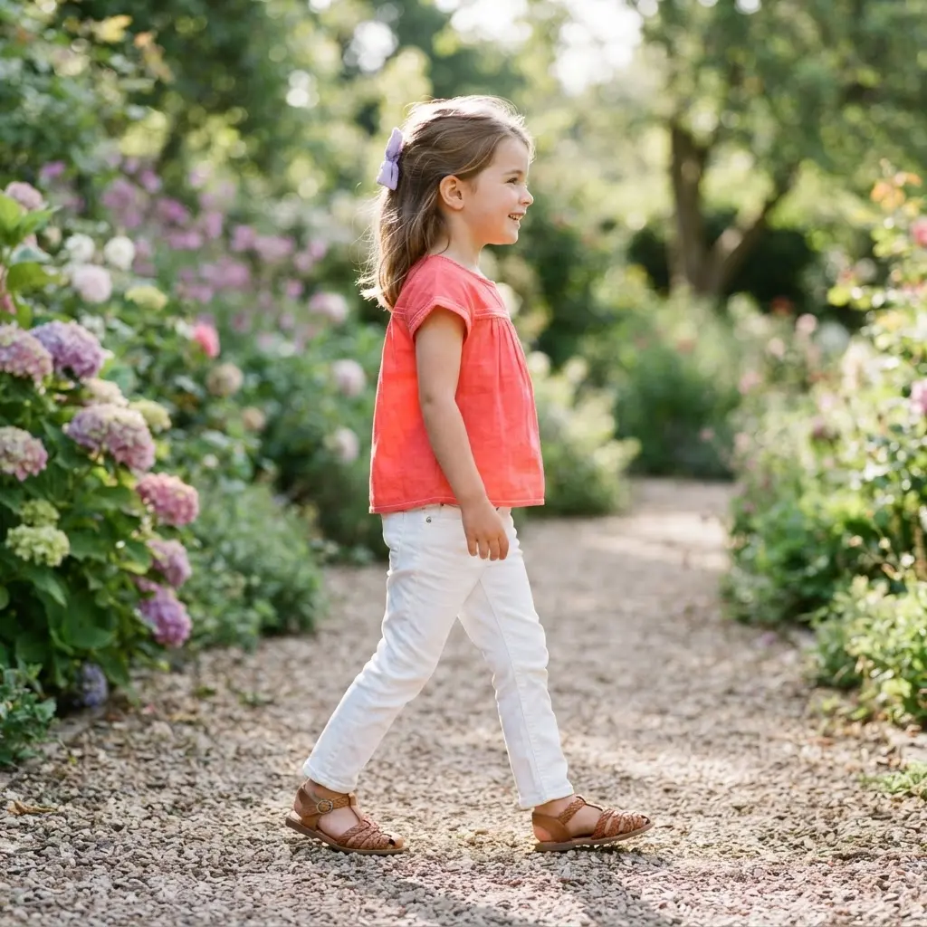 Bright coral blouse with white jeans, woven sandals, and a pastel hair clip, styled for girls' spring outfits.