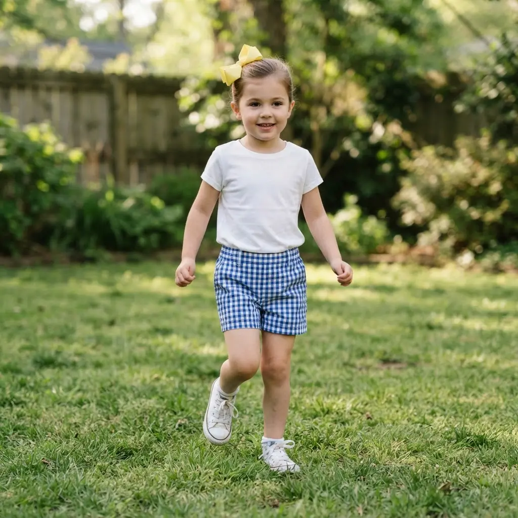 Blue gingham shorts with a tucked white top, canvas sneakers, and a yellow hair bow.