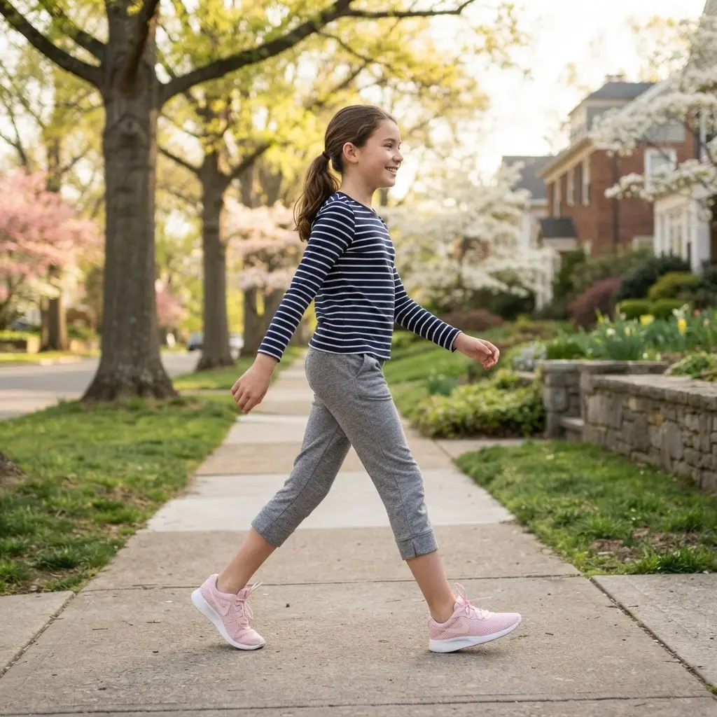 Striped long-sleeve top with cropped capri pants and pastel sneakers, styled as spring outfits for girls.