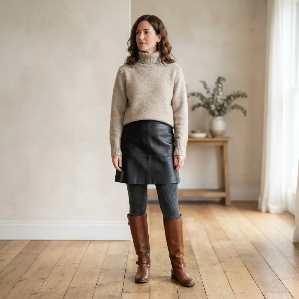 A winter outfit with a leather skirt styled with tights and tall leather boots.