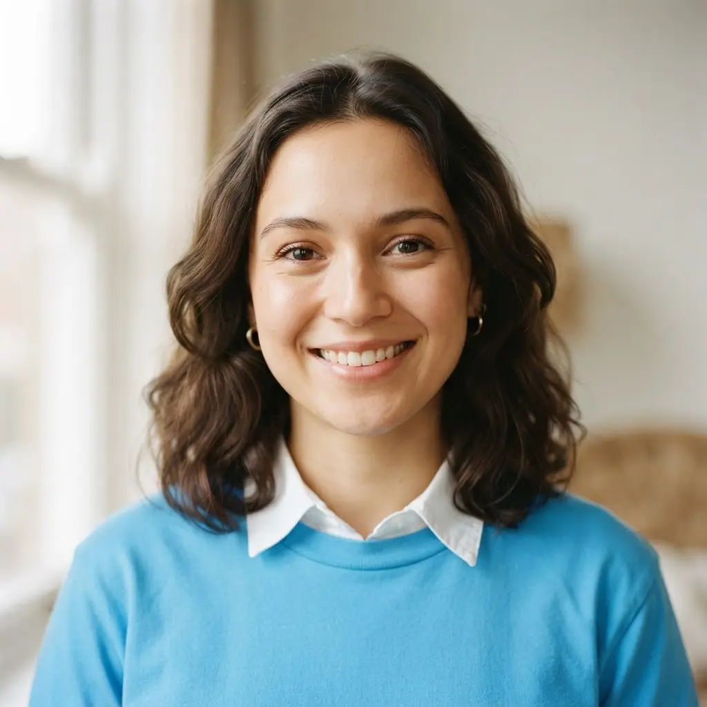 Smiling clear headshot in soft natural light with a bright shirt and profile picture inspiration.