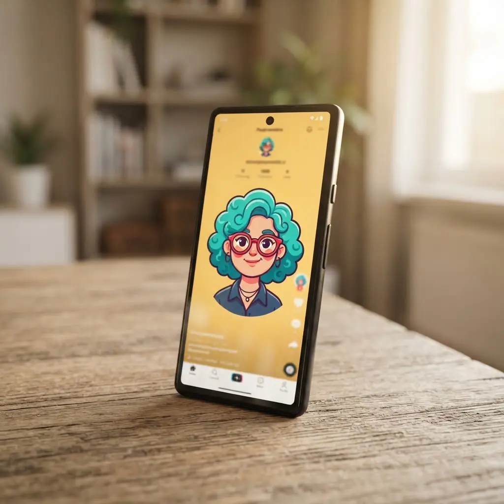 Quirky cartoon avatar with round glasses, curly hair, and a warm yellow background.
