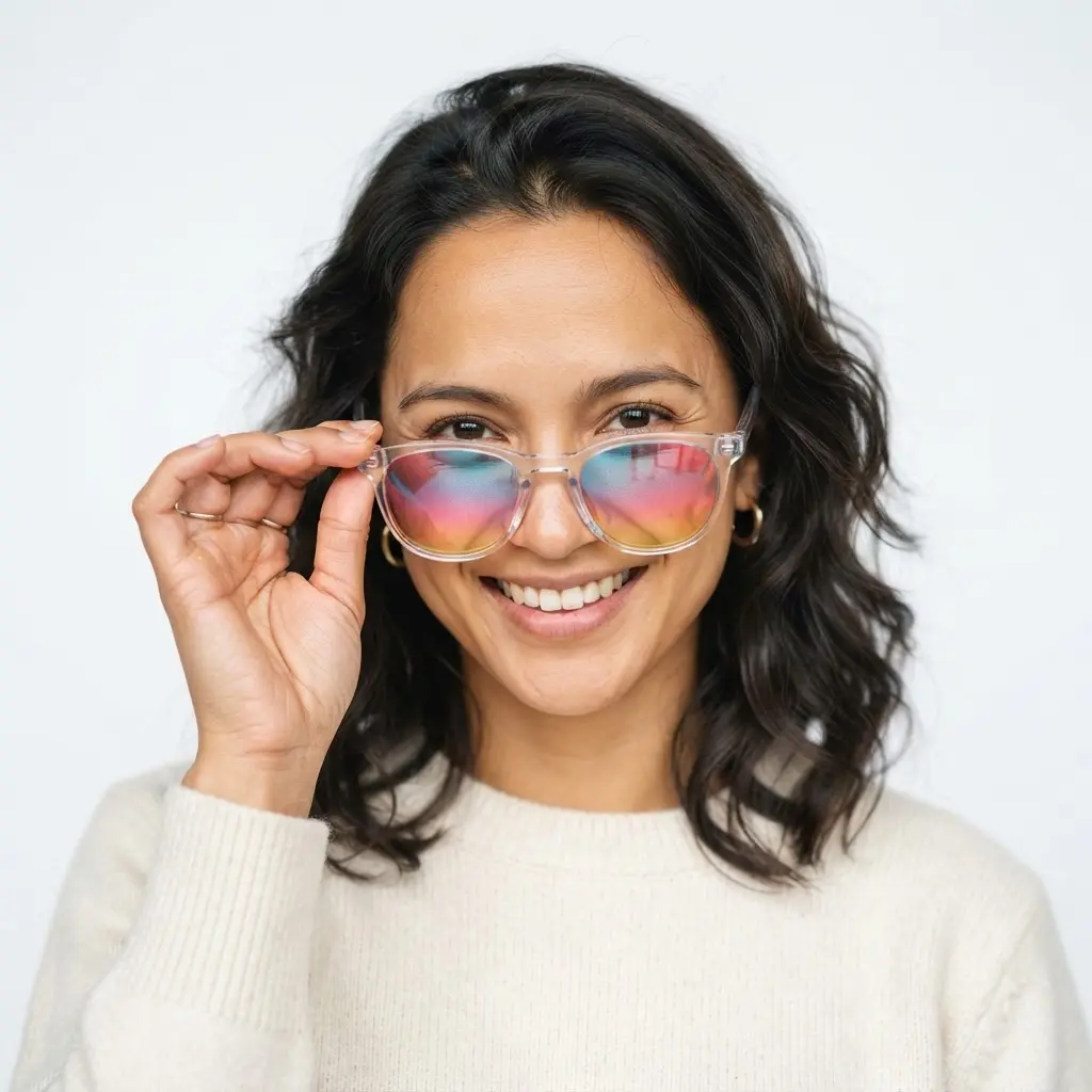 Person holding colorful sunglasses near their face in a playful prop portrait with a clean backdrop.