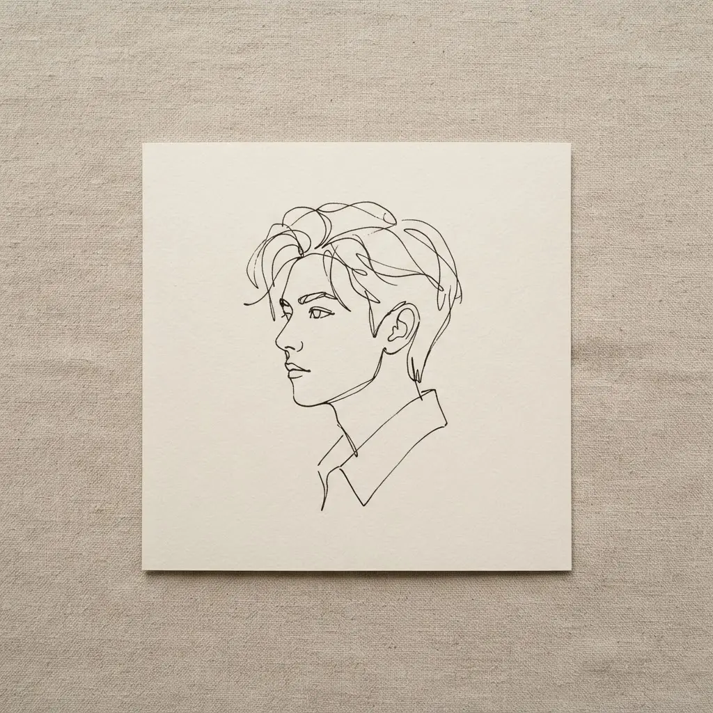 Minimalist line art portrait showing a single face outline in black on a beige background.