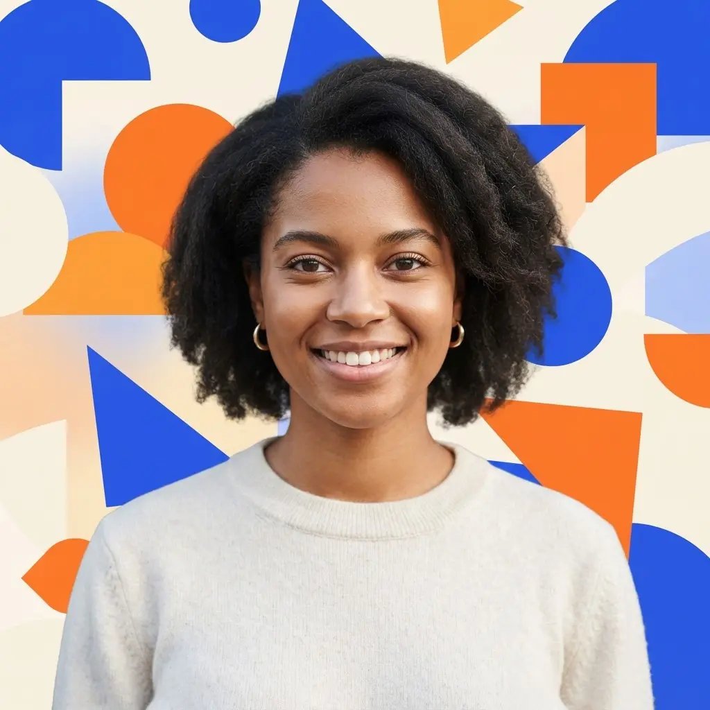 Portrait against a bright abstract background with blue, orange, and cream geometric shapes.