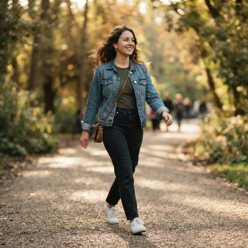 Person caught mid movement outdoors in a candid action portrait with a simple background.