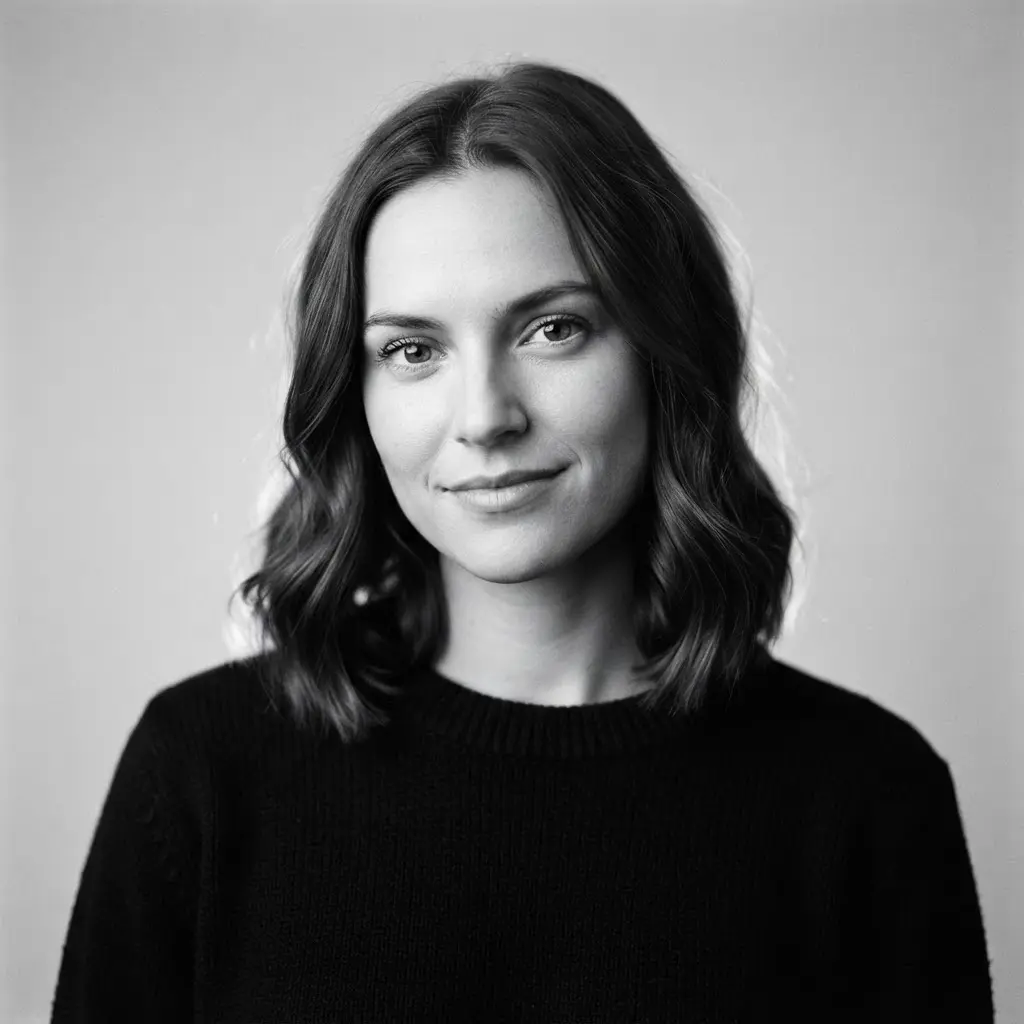 Monochromatic black-and-white portrait with soft shadows and a clean circular-friendly crop.