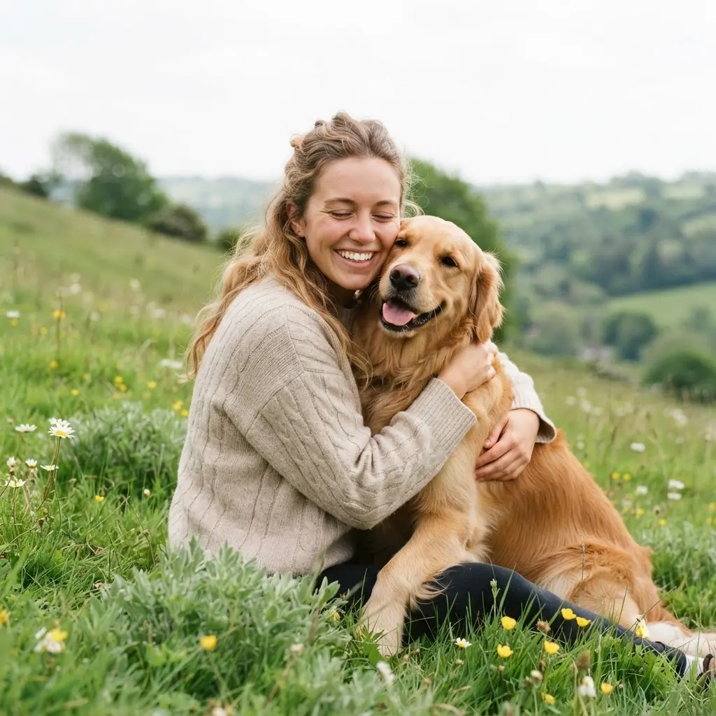 Person smiling beside a dog in a close pet companion portrait with profile picture inspiration.