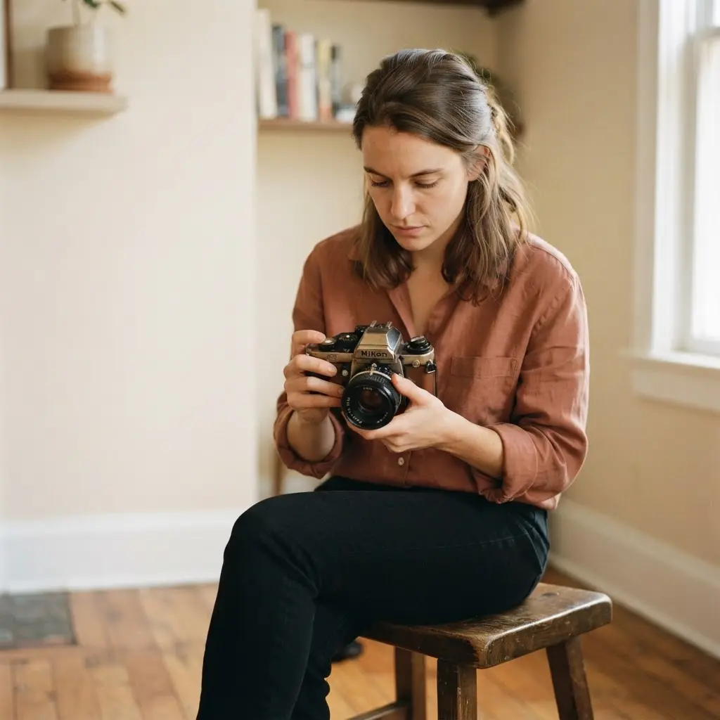 Person holding a camera in a hobby showcase photo with a tidy indoor background.