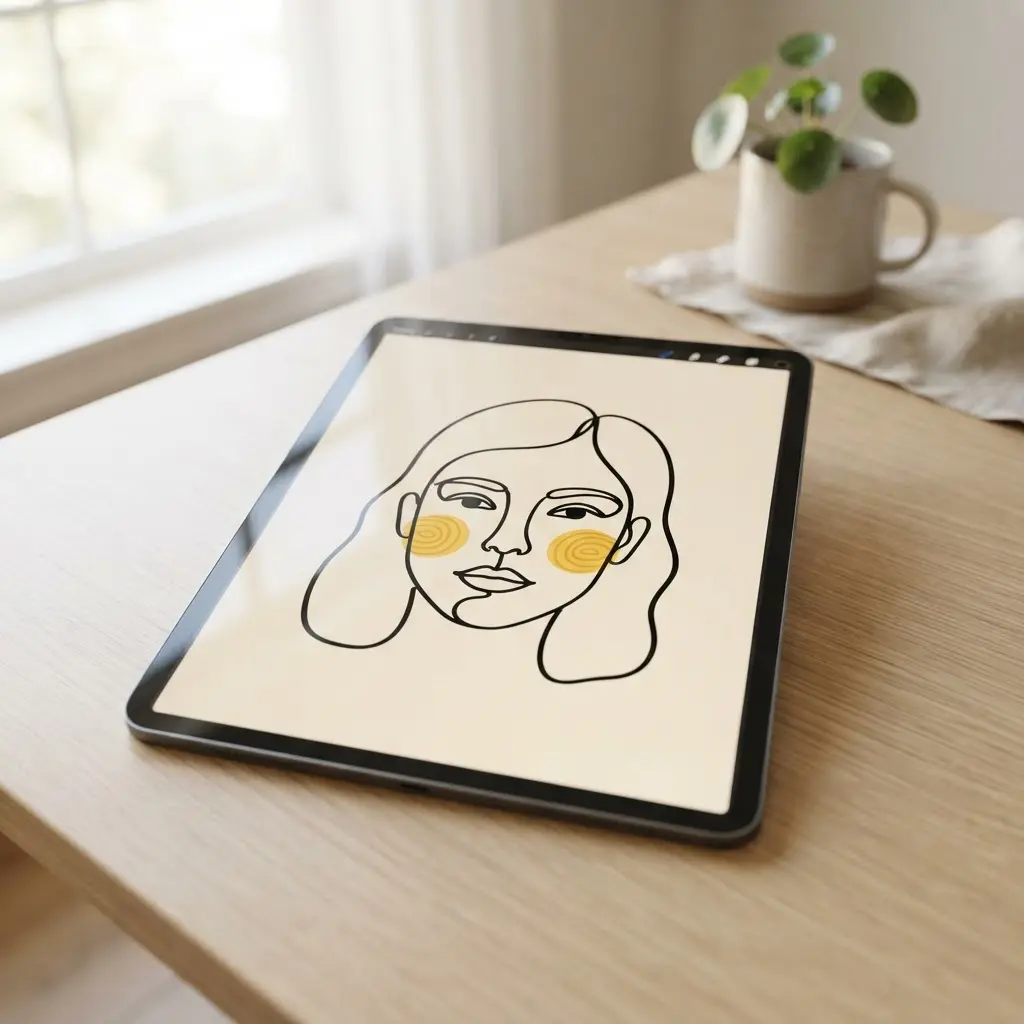 Simple digital face illustration with clean lines, two colors, and a plain cream background.