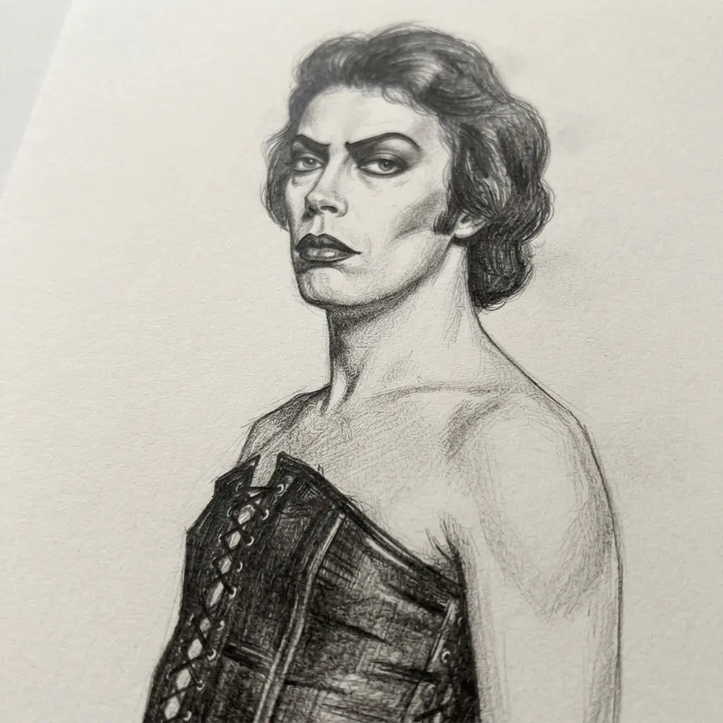 Graphite Tim Curry drawing ideas portrait showing Dr Frank-N-Furter in a corset with arched brows and shaded cheekbones.
