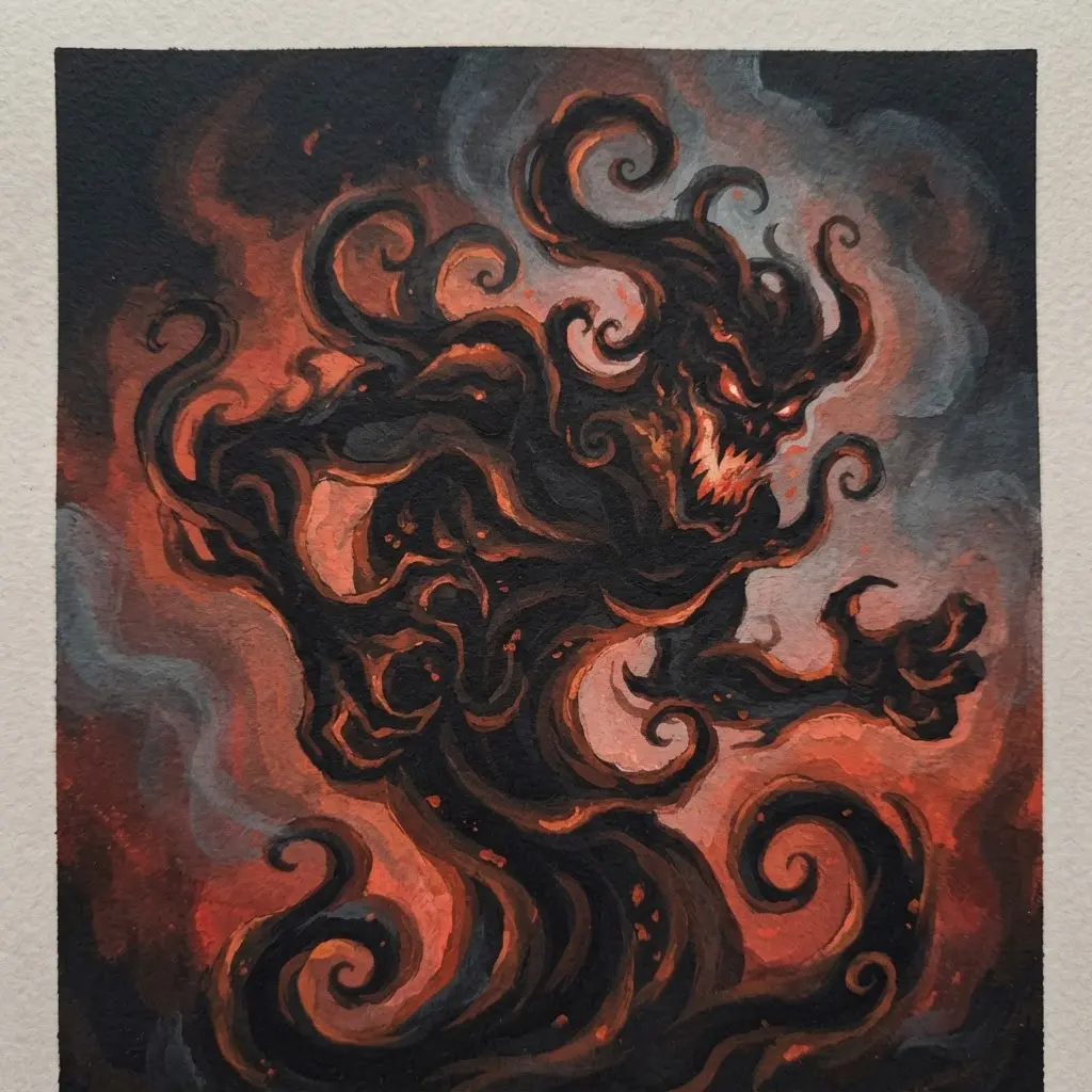 Gouache illustration showing Hexxus as a dark smoke silhouette with curling forms and red-orange highlights.