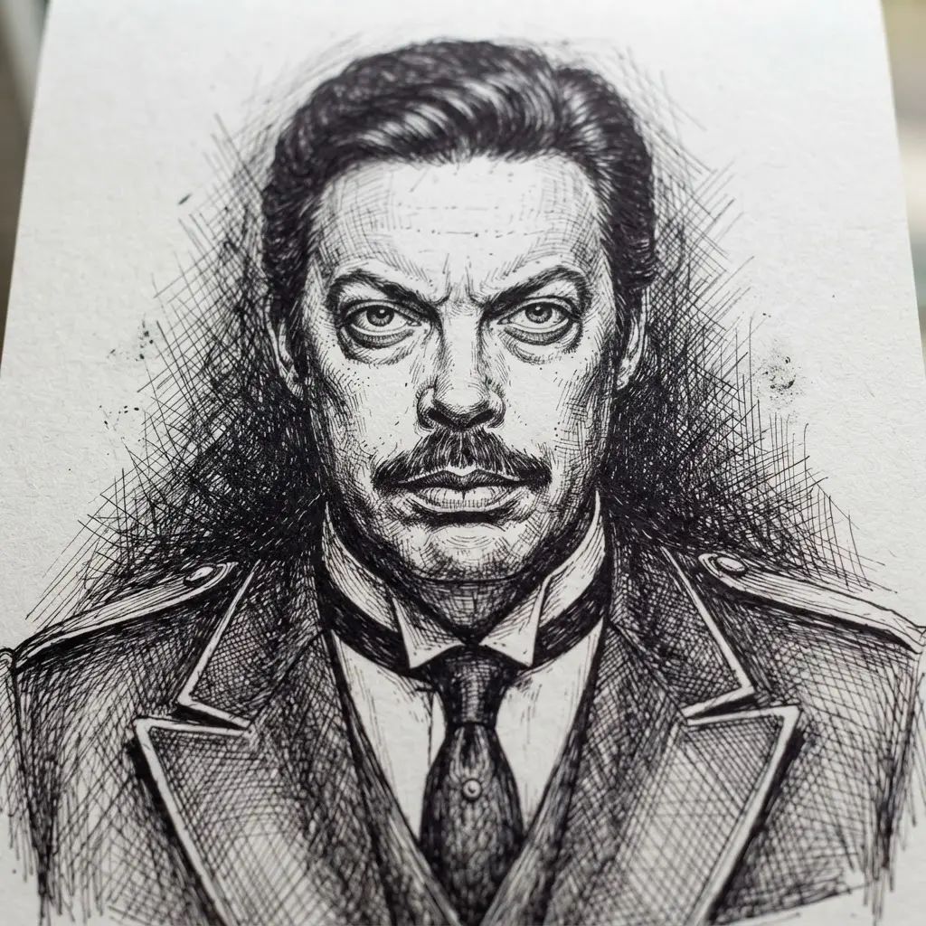 Crosshatched portrait of Mr Hector the concierge showing a fixed stare, formal jacket, and closely spaced ink lines.