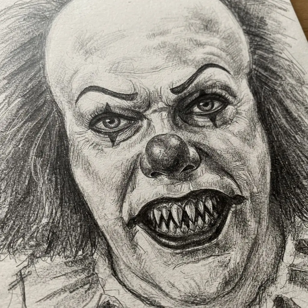 Close-up graphite drawing of Pennywise showing razor teeth, painted eyelids, pointed brows, and tight facial shading.