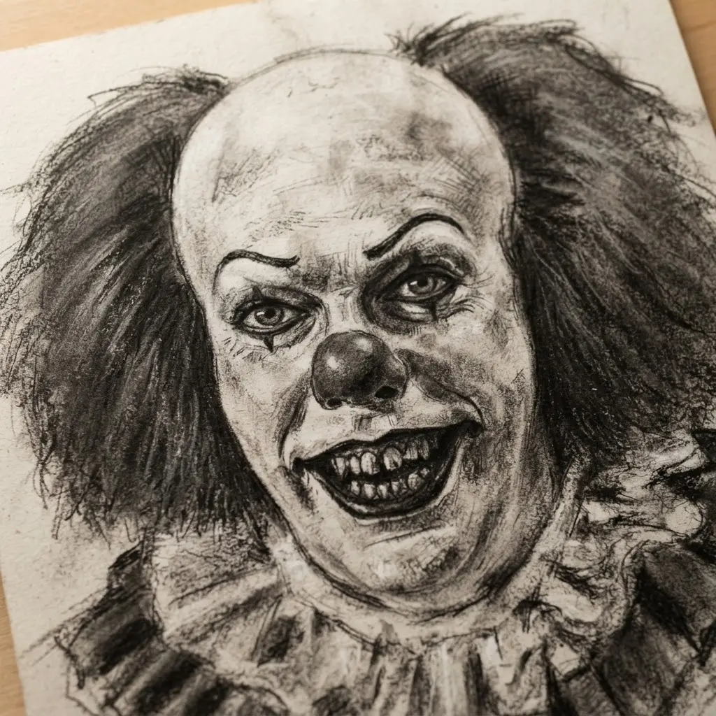 Charcoal portrait of 1990 Pennywise showing a wide sewer grin, shadowed eyes, and pale face makeup.