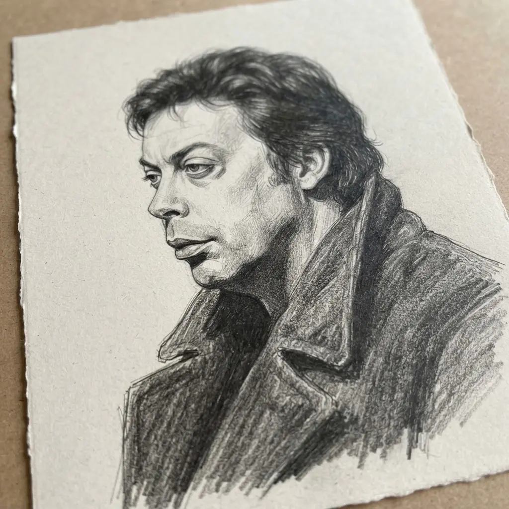 Pencil portrait of Farley Claymore showing a side-facing head, heavy coat, and shadow across the lower face.